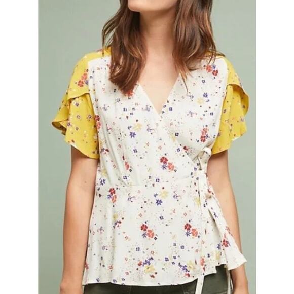Anthropologie Tops - Meadow Rue by Anthropologie Size 6 Wrap Blouse Yellow White Floral Tie Side